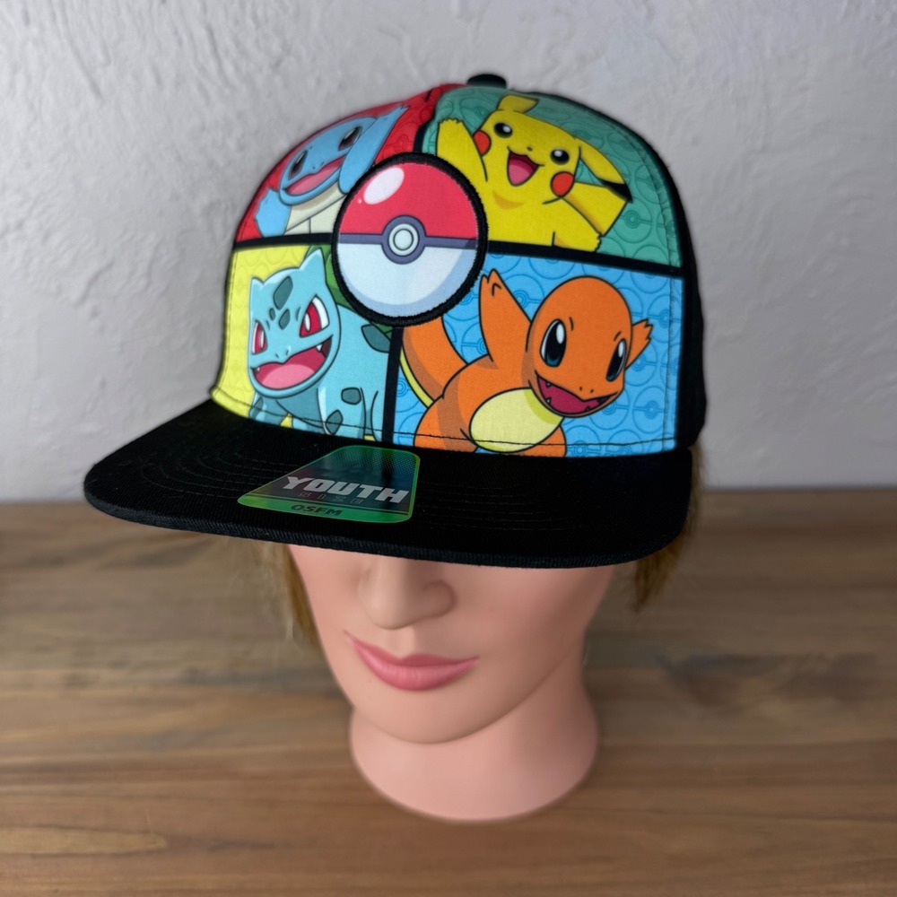 NWT Pokemon Bioworld Youth Snapback Hat Pikachu Charmander Squirtle Bulbasaur